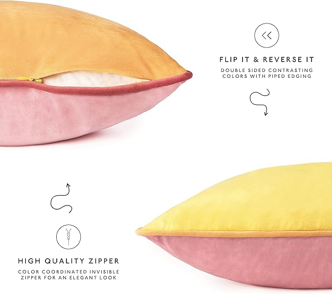 MONDAY MOOSE Decorative Throw Pillow Covers Cushion Cases, Set of 4 Soft Velvet Modern Double-Sided Designs, Mix and Match for Home Decor, Pillow Inserts Not Included (18x18 inch, Yellow/Pink)