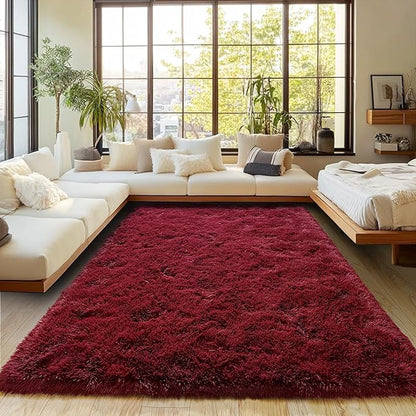 Burgundy Plush Rug for Living Room Fuzzy Carpet for Bedroom Dorm, Non-Slip High Pile Rug, Shag Rug for Playroom Nursery Home Office Decor 9X12 Ft