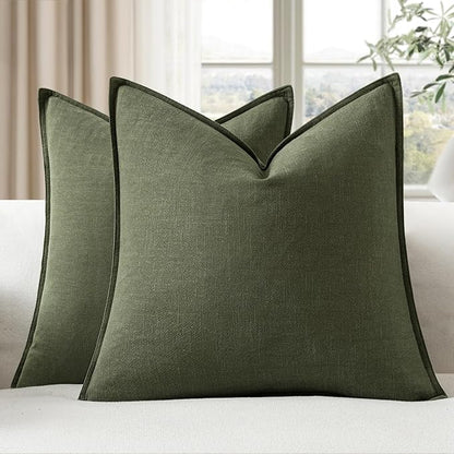 EMEMA Decorative Linen Throw Pillow Covers 24x24 Inch Dark Olive Green Boho Farmhouse Neutral Couch Throw Pillows for Bed Pack of 2 Accent Pillowcase Modern Sofa Cushion Livingroom Home