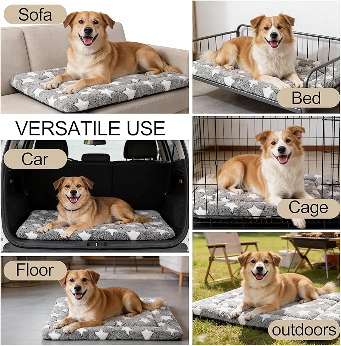 Dog Crate Mat, 4 Piece Reversible Pet Bed, Polyester, Machine Washable, Small Dogs & Cats, Rectangular, 24 x 18 x 1.3 Inches (Gray Star, 30" L x 20" W x 1.5" Th)