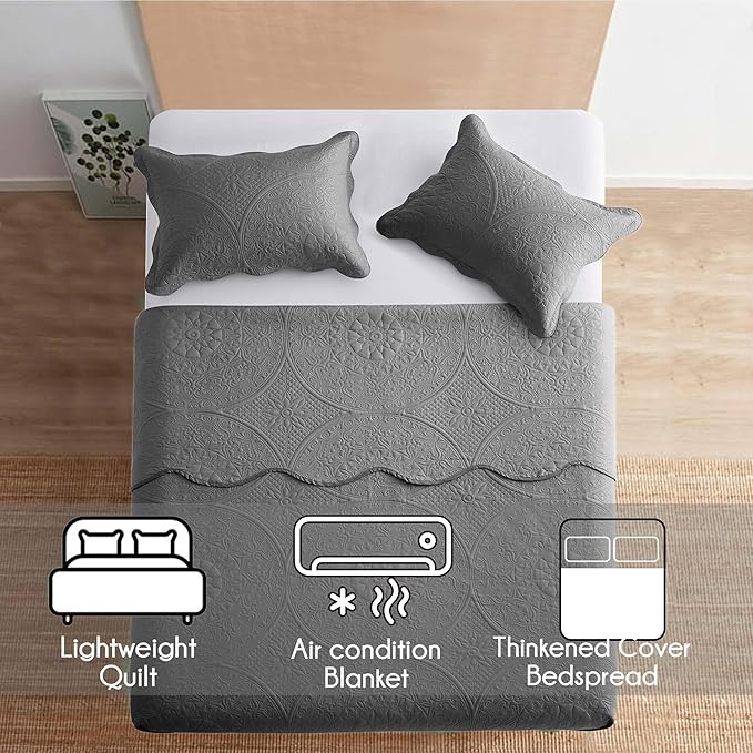 IR Imperial Rooms 10 Pack Queen Quilt Bedding Set (90" x 96") - Bulk Wholesale for Hotels, Guest Bedroom & Airbnbs - Lightweight Microfiber Reversible Floral Embossed Quilts Bedspreads (Grey)