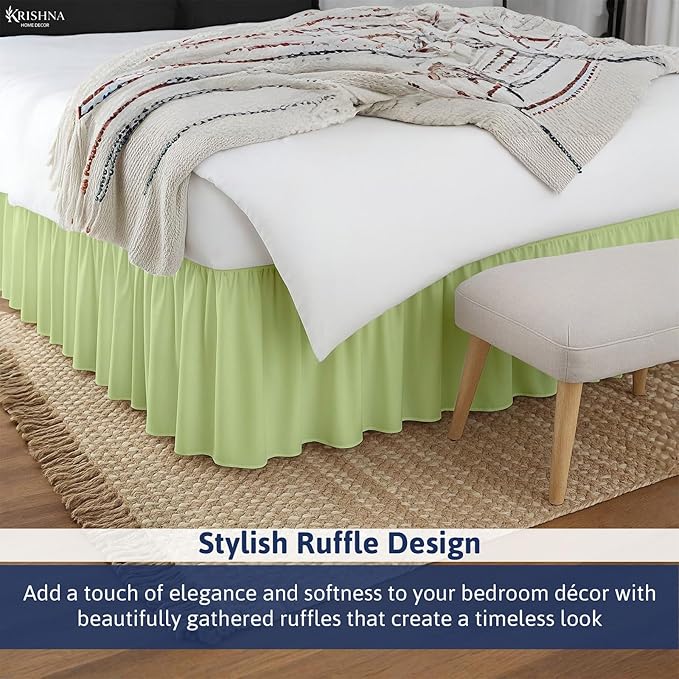 KRISHNA Ruffled Bed Skirt with Split Corners Twin, 100% Microfiber Hotel Quality, 21 Inch Drop Dust Ruffle Gathered Bedskirt with Platform, 39" x 75", Sage