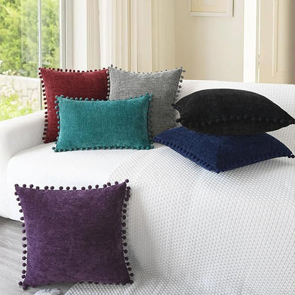 CaliTime Throw Pillow Covers Decorative 16 X 16 Inches Pack of 2 Cozy Solid Dyed Soft Chenille Cushion Cases with Pom Poms for Couch Sofa Bed Living Room Home Navy Blue
