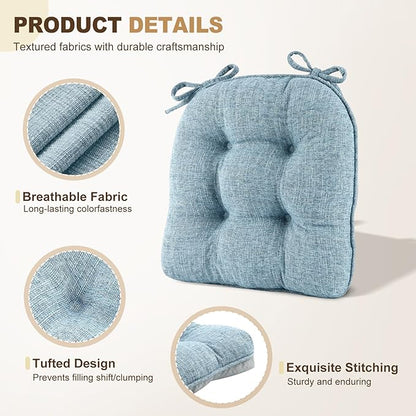 downluxe Indoor Chair Cushions for Dining Chairs, Tufted Overstuffed Textured Foam Kitchen Chair Pads with Ties and Non-Slip Backing, 15.5" x 15.5" x 4", Light Blue, 6 Pack