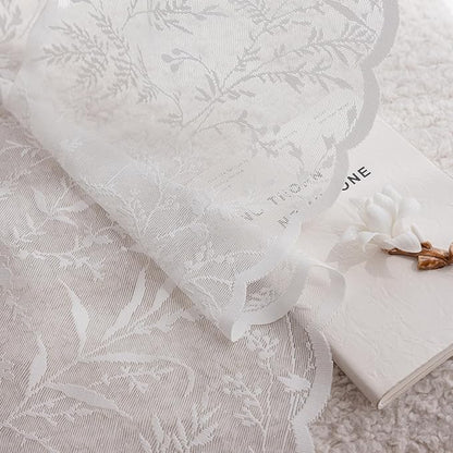Anmao Vintage Lace Curtains 120 Inches Long 2 Panels Set, Romantic Elegant Light Filtering Semi Sheer Floral Thick Lacy Curtain Drapes for Living Room and Bedroom, Each Panel 55W x 120L, White Leaves