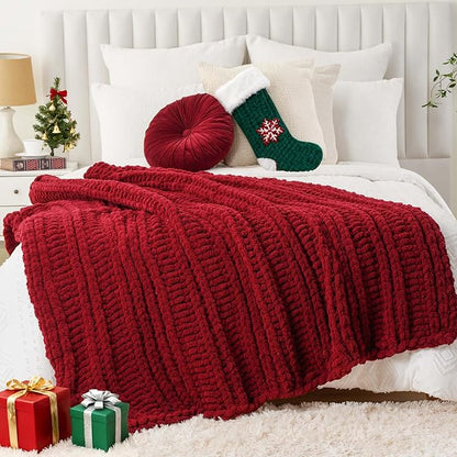 Battilo Dark Red Chunky Knit Throw Blanket, Christmas Red Throw Blanket for Couch, Super Soft Cozy Warm Blankets, Burgundy Chenille Throw Blanket for Living Room, Christmas Decorations, 50"x60"