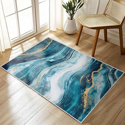 2x3 Abstract Entryway Area Rug Blue White Golden Bathroom Rug Non Slip Machine Washable Low Pile Small Carpet Kitchen Bedroom Door Mat Entrance