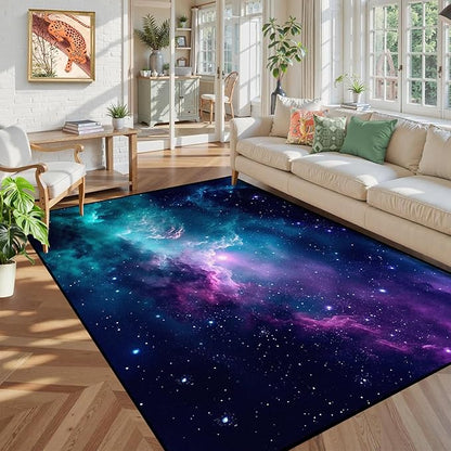 5' X 7' Galaxy Area Rug Dark Blue Starry Sky Carpets for Kids Bedroom Living Room Glitter Outer Space Throw Rugs Floor Mat