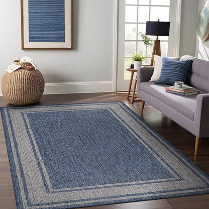 Beverly Rug Outdoor Rug 6x9 Modern Bordered Area Rugs for Indoor and Outdoor Patio Deck Porch Garden Waterproof Weather Sun Resistant Washable Outside Carpet (6 x 9 Navy)