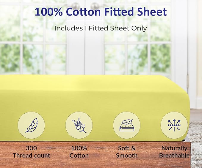 ROYALE LINENS 300 Thread Count 100% Long Staple Combed Cotton Fitted Sheet Queen - Super Soft Deep Pocket Bottom Sheet - Fitted Sheets Only - Elastic Sheets (Queen, Yellow)