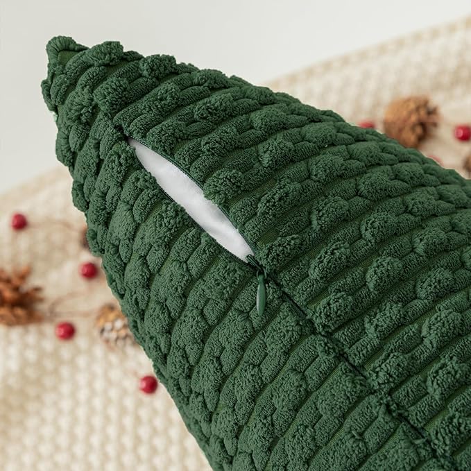 Kevin Textile 12x20 Inch Pillow Cover 1 Pack Boho Christmas Decorative Soft Striped Corduroy Lumbar Farmhouse Color Accent Rectangle Cushion Case for Living Room Couch Sofa Bed, Dark Green