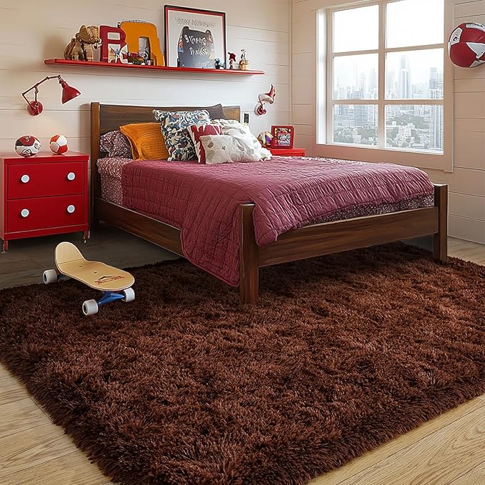 Brown Plush Rug for Living Room Fuzzy Carpet for Bedroom Dorm, Non-Slip High Pile Rug, Shag Rug for Playroom Nursery Home Office Decor 8X10 Ft