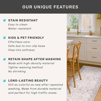 Light Gray Washable 2'6"x10' Wide Hallway Runners, Kitchen Runner Rug, Non-Slip & Stain Resistant 10ft Long Floor Rug, Neutral Boho Floral Décor