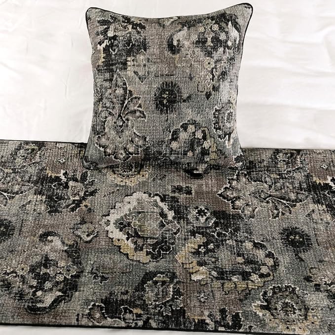 The HomeCentric Decorative Black & Grey CA King 86 x 18 inch Bed Runner with 2 Matching Pillow Cover, Velvet Damask with Tassels Bed Scarf, Abstract Modern - Paved Damask