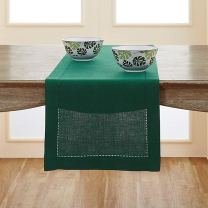 Solino Home Linen Rainforest Green Table Runner 144 Inches Long - 100% Pure Linen Extra Long Table Runner 14 x 144 Inch for Christmas, Winter, New Year - Classic Hemstitch