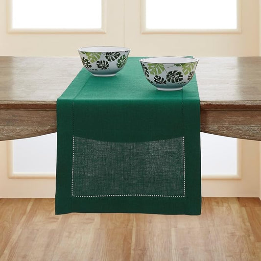 Solino Home Linen Rainforest Green Hemstitch Table Runner 36 Inches - 100% Pure Linen Small Table Runner 14 x 36 Inch Ideal for Dresser and Coffee Tables - Classic Hemstitch - Christmas, New Year