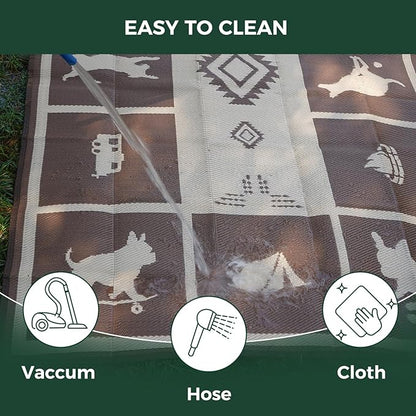 FXW Camping Rug, 8' x 10' Large Waterproof Portable RV Mat, Easy-to-Clean Straw Plastic Mat for Outdoor, Patio, Backyard, Deck, Picnic, Beach, Trailer, Brown & Beige
