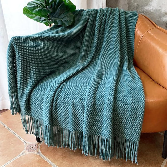 LOMAO Knitted Throw Blanket with Tassels Bubble Textured Soft Blanket Lightweight Warm Throw Blanket for Couch Cover Home Decor (Teal, 50x60)