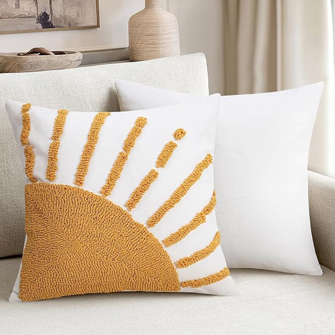 Adabana Boho Decorative Yellow Throw Pillow Covers 20x20, Tufted Sun Pillow Cover with Tassels Bohemian for Sofa Bedroom Living Room Home Decor (No Pillow Insert, 1Pc)