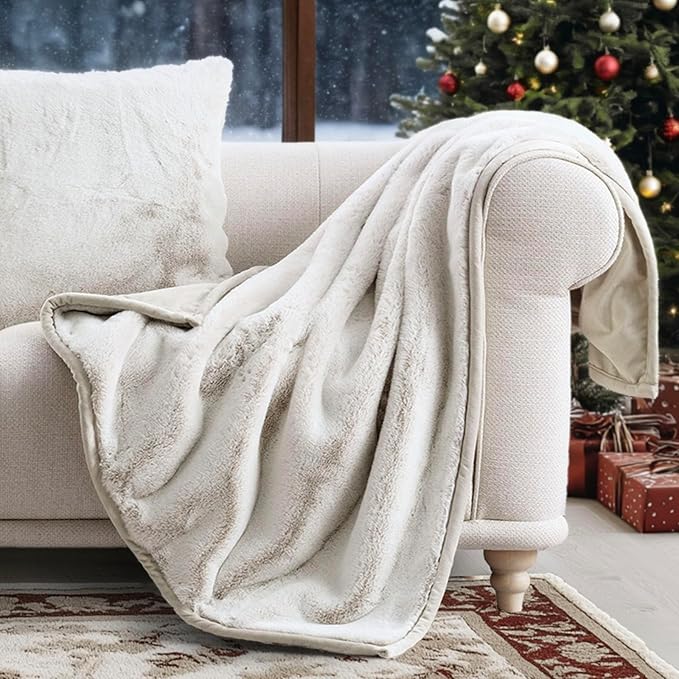 EVERGRACEHOME Ultra Soft Luxury Fluffy Mink Faux Fur Throw Blanket, Thick Warm Fall Winter Blankets for Bed, Couch, Cozy Plush Reversible Blanket for Chair, Sofa (Tipped Champagne Ivory, 50"x60")