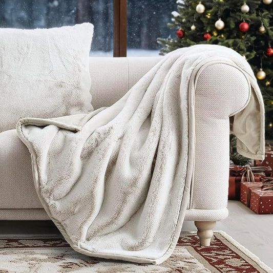 EVERGRACEHOME Ultra Soft Luxury Fluffy Mink Faux Fur Throw Blanket, Thick Warm Fall Winter Blankets for Bed, Couch, Cozy Plush Reversible Blanket for Chair, Sofa (Tipped Champagne Ivory, 60"x80")