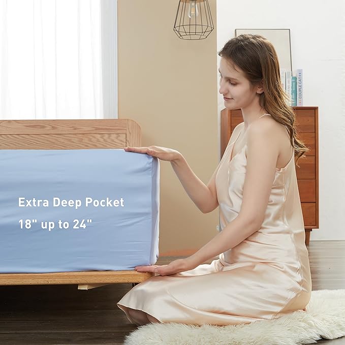 Sunflower Full Fitted Sheet, 1-Piece Extra Deep Pocket Fitted Bottom Sheet 22", 100% Cotton Sateen Soft Breathable, Powder Blue