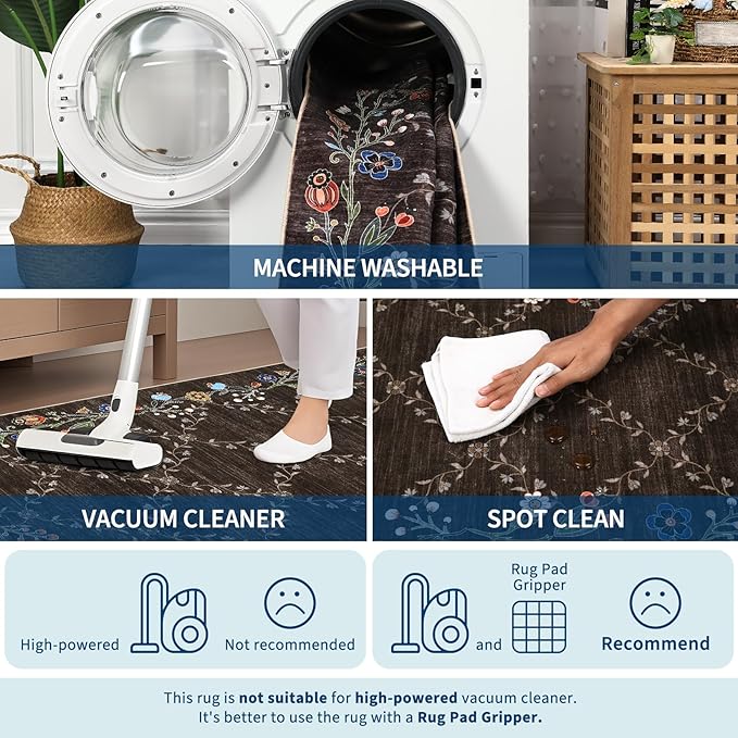 GarveeHome 2x6 Washable Floral Runner Rugs for Hallway: Modern Floral Non Slip Large Runner Rugs for Kitchen, Large Machine Washable Hallways Low Pile Carpet with Non-Slip Backing Brown 2 ft x6 ft.