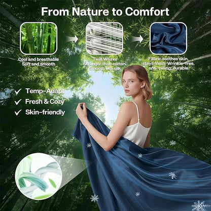 MR&HM Fitted Sheet & Pillowcase Set Queen, 3-Piece Blend Rayon Derived from Bamboo, Silky Soft & Breathable, 15" Deep Pocket with Elastic Straps, Cooling Sheets for Hot Sleepers, Navy Blue