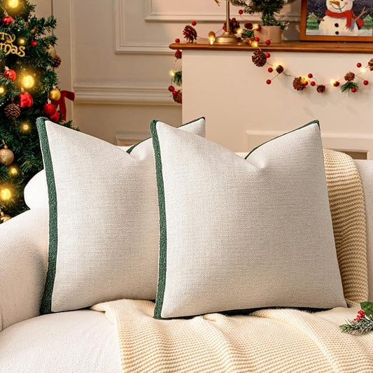 a moment Christmas Dark Green Loop Yarn Linen-Like Pillow Cover Natural Soft Decorative Throw Pillow Case Farmhouse 20x20 Inch, Textured Cushion Cover for Sofa Bed, Wrinkle-Resistant Home Decor