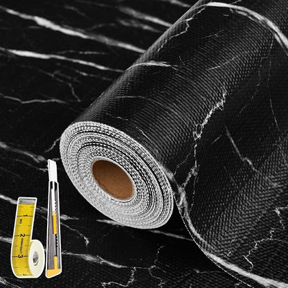 Drawer and Shelf Liner for Kitchen Cabinet: 17 in X 30 Ft Non Slip Waterproof Shelf Paper Non Adhesive Refrigerator Liners Black Marble Easy Liners for Bathroom with Knife Tape Measure