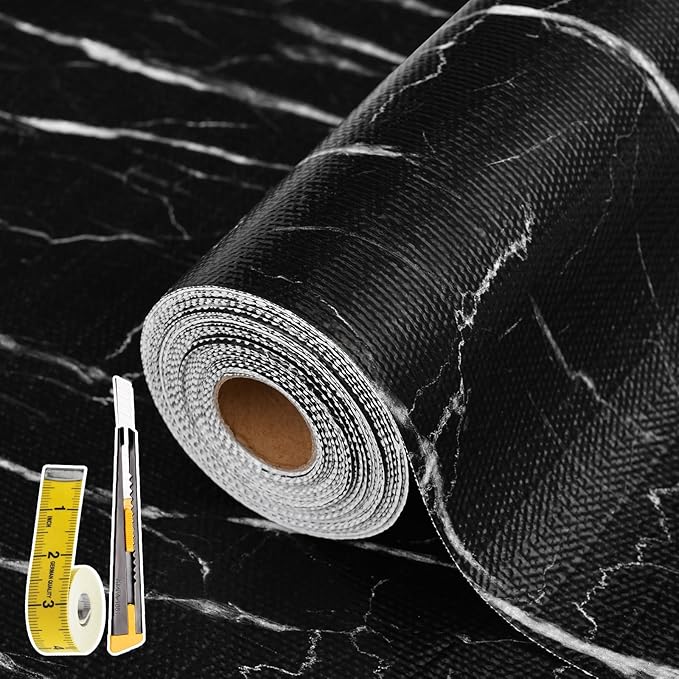 Drawer and Shelf Liner for Kitchen Cabinet: 23 in X 30 Ft Non Slip Waterproof Shelf Paper Non Adhesive Refrigerator Liners Black Marble Easy Liners for Bathroom with Knife Tape Measure