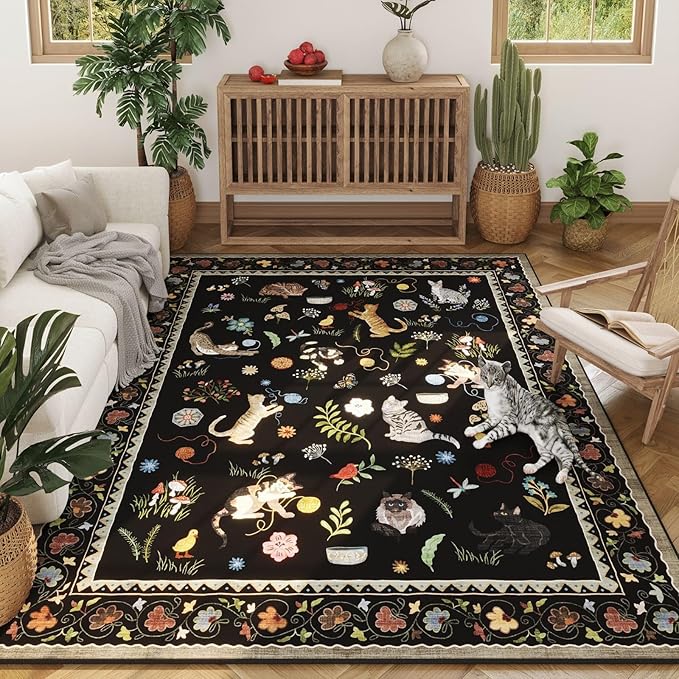 Rugcomf Living Room Rug 5x7 Rug Machine Washable Boho Area Rug Non Slip Floral Animal Cat Vintage Low Pile Large Rugs for Living Room Bedroom Farmhouse Dining Room Kids Playroom, Black
