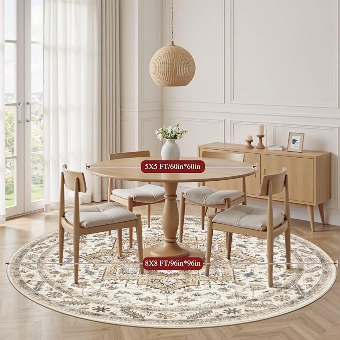 8ft Round Vintage Living Room Area Rug - 8x8 Large Soft Washable Oriental Traditional Distressed Farmhouse Rugs for Bedroom - Indoor Floor Accent Carpet for Home Office House Decor - Golden Taupe