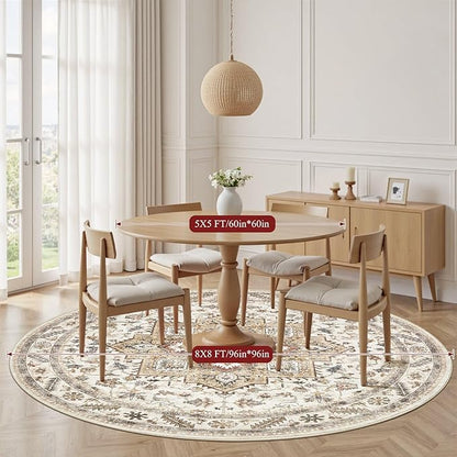 8ft Round Vintage Living Room Area Rug - 8x8 Large Soft Washable Oriental Traditional Distressed Farmhouse Rugs for Bedroom - Indoor Floor Accent Carpet for Home Office House Decor - Golden Taupe