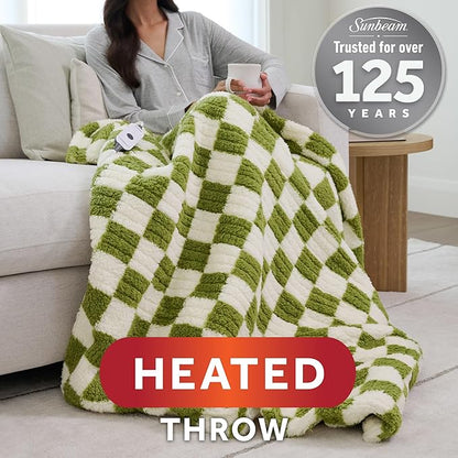 Sunbeam Printed Royal Sherpa Foot Pocket Heated Throw Electric Blanket, 50" x 60", 4 Heat Settings, 4-Hour Auto Shut-Off, Warming Cozy Throw for Couch or Bed, Machine Washable, Sage Checkerboard