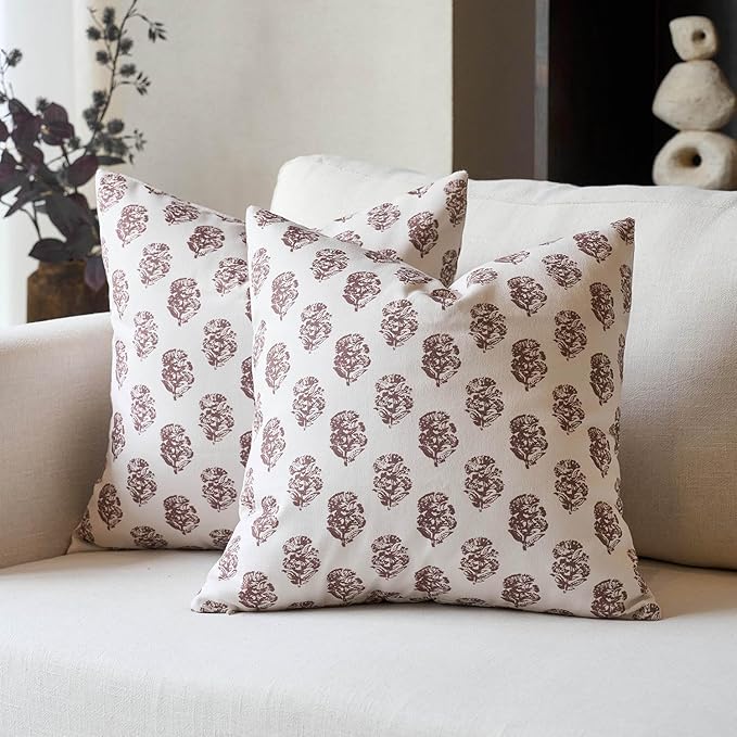 DOMVITUS Set of 2 Floral Pillow Covers 24x24, Block Print Pillow Covers Vintage Neutral Decorative Farmhouse Throw Pillow Covers for Couch Bed Living Room Brown