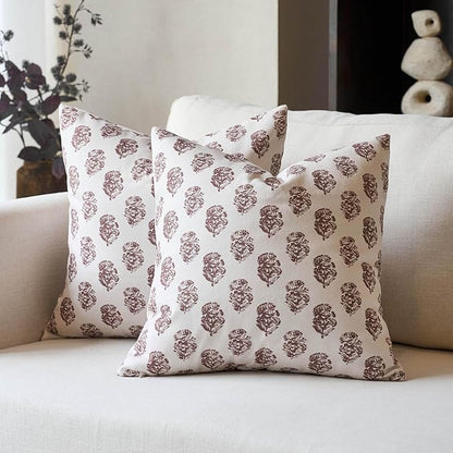 DOMVITUS Set of 2 Floral Pillow Covers 20x20, Block Print Pillow Covers Vintage Neutral Decorative Farmhouse Throw Pillow Covers for Couch Bed Living Room Brown