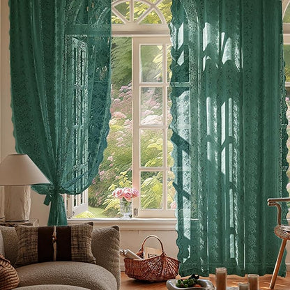 Anmao Vintage Lace Curtains 96 Inches Long 2 Panels, Romantic Semi Sheer Floral Lacy Curtain for Living Room, Elegant Window Drapes for Bedroom, Each Panel 55W x 96L, Turquoise