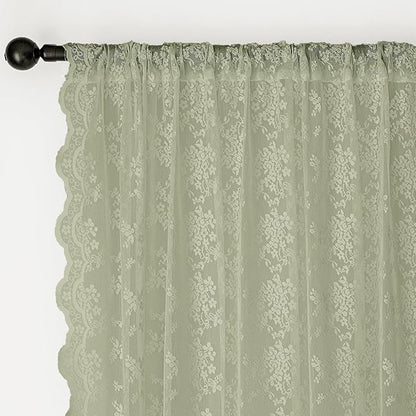 Anmao Vintage Lace Curtains 84 Inches Long 2 Panels Set, Romantic Elegant Light Filtering Semi Sheer Floral Thick Lacy Curtain Drapes for Living Room and Bedroom, Each Panel 55W x 84L, Dry Grass Green