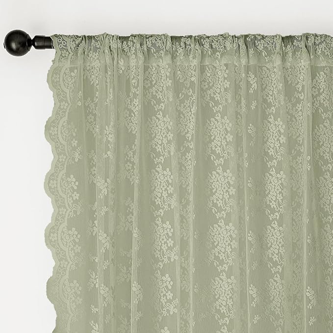 Anmao Vintage Lace Curtains 72 Inches Long 2 Panels Set, Romantic Elegant Light Filtering Semi Sheer Floral Thick Lacy Curtain Drapes for Living Room and Bedroom, Each Panel 55W x 72L, Dry Grass Green