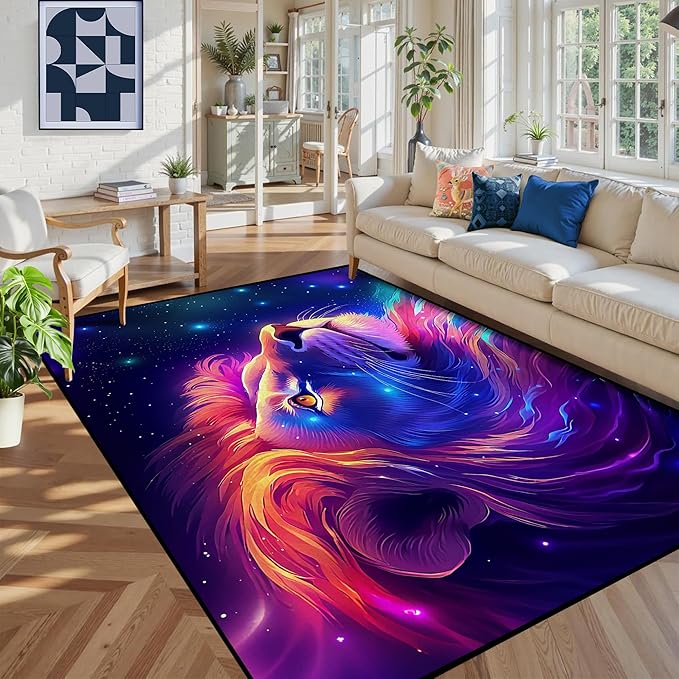 6' x 9' Galaxy Lion Rug Large 3D Fierce Lions Space Area Rugs for Kids Bedroom Living Room Playroom Gameroom Boys Glitter Carpet Throw Rugs Floor Mat,180 X 275cm