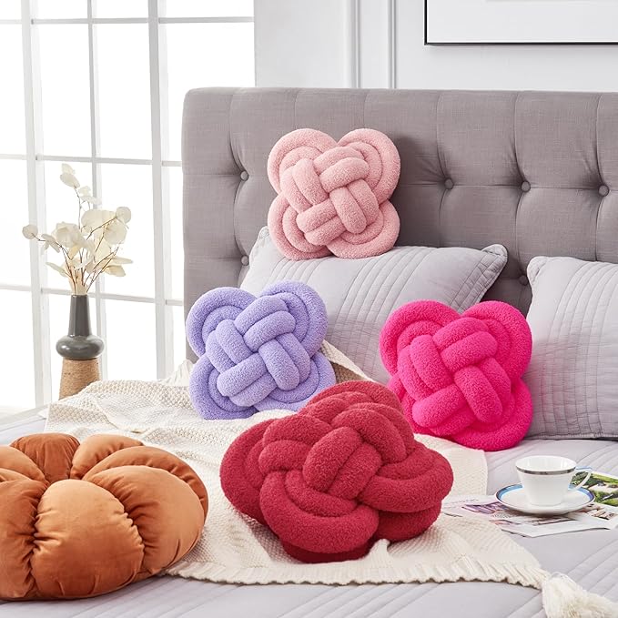 Xiashrk Knot Pillow Ball, 12" Soft Decorative Throw Pillows for Couch Bed, Purple Knotted Plush Throw Pillow Handmade Square Cushion Home Couch Decor Pillows for Living Room