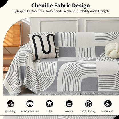 Boho Couch Cover Sofa Covers Washable, Chenille Couch Covers for 3 Cushion Couch Sofa Pet Friendly, Bohemian Sofa Slipcovers for Sectional Sofa, Loveseat, 2 3 4 Seater (71" x 102", Grey)