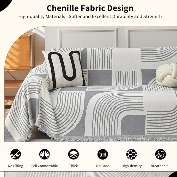 Boho Couch Cover Sofa Covers Washable, Chenille Couch Covers for 3 Cushion Couch Sofa Pet Friendly, Bohemian Sofa Slipcovers for Sectional Sofa, Loveseat, 2 3 4 Seater (71" x 134", Grey)