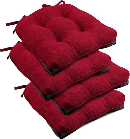 downluxe Indoor Chair Cushions for Dining Chairs, Tufted Overstuffed Textured Kitchen Chair Pads with Ties and Non-Slip Backing, 15.5" x 15.5" x 4", Red, 4 Pack