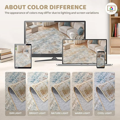 Area Rug for Living Room: 3x5 Washable Neutral Abstract Modern Soft Rugs Non Slip Indoor Floor Stain Resistant Carpet for Bedroom Dining Room Office Nursery - Blue Brown