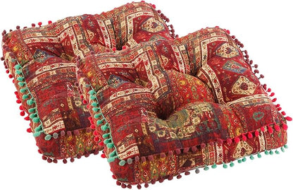 Bohemian Seat Cushion，Indoor & Outdoor 16.5" x 16.5" Seating Cushion for Dinning Chairs, Decorative with Tassels(2Pcs, Red)