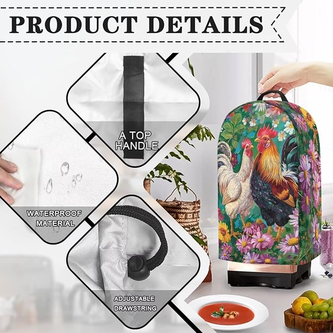 Rooster Flower Blender Dust Cover Stand Mixer or Coffee Maker Appliance Covers, Anti Fingerprint Polyester Dust Proof Stain Resistant Blender Cover for Home Kitchen