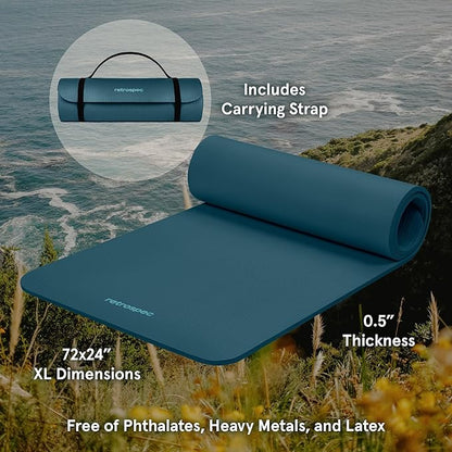 Retrospec Solana Yoga Mat Thick 1/2in Non-Slip Workout Mat with Nylon Strap - 72x24in Exercise Mat for Pilates, Stretching & Fitness - BPA Free, Easy Clean