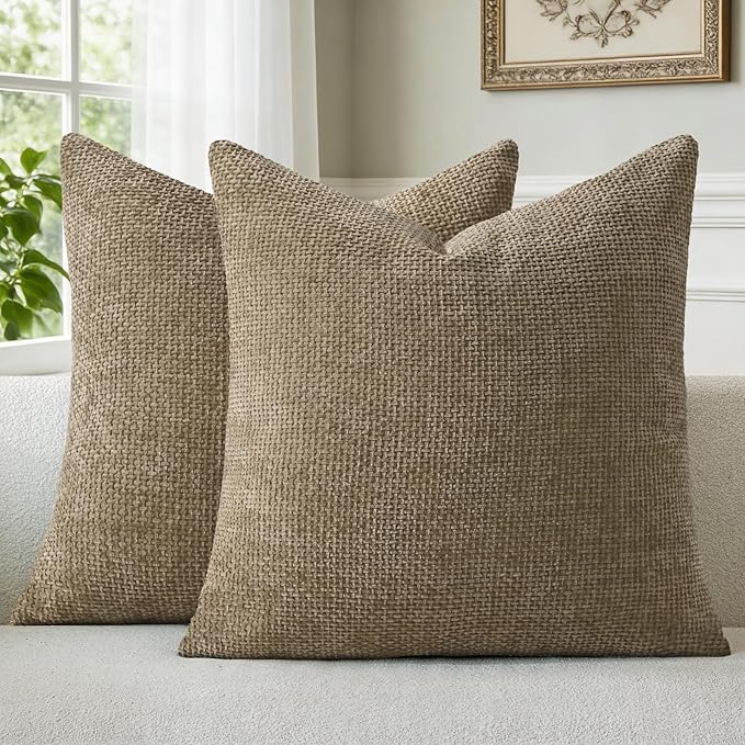 a moment Brown Chenille Throw Pillow Covers 18x18 Inch Pack of 2 Modern Decorative Throw Pillow Covers Farmhouse Cross Covers Home Decor for Sofa Bedroom Living Room